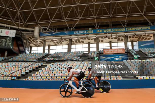 Albert Torres and Sebastian Mora of the Spanish track cycling team in action during the presentation of the Spanish Track Team for Tokyo 2020 at the...