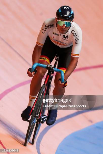 Sebastian Mora of the Spanish track cycling team in action during the presentation of the Spanish Track Team for Tokyo 2020 at the Luis Puig...