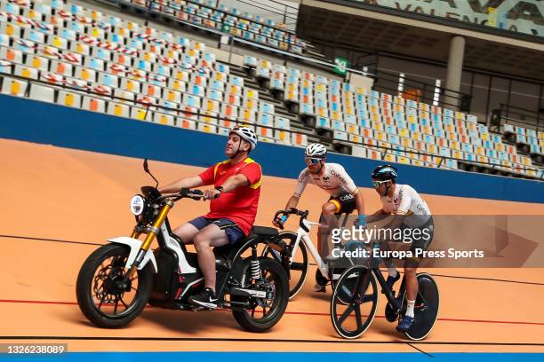 Albert Torres and Sebastian Mora of the Spanish track cycling team in action during the presentation of the Spanish Track Team for Tokyo 2020 at the...