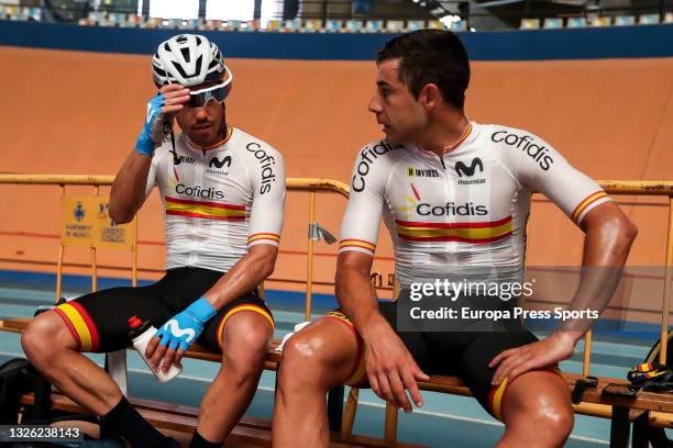 Albert Torres and Sebastian Mora of the Spanish track cycling team talks together during the presentation of the Spanish Track Team for Tokyo 2020 at...