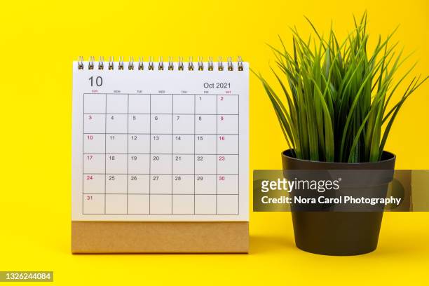 october 2021 calendar on yellow background - 2021 stockfoto's en -beelden