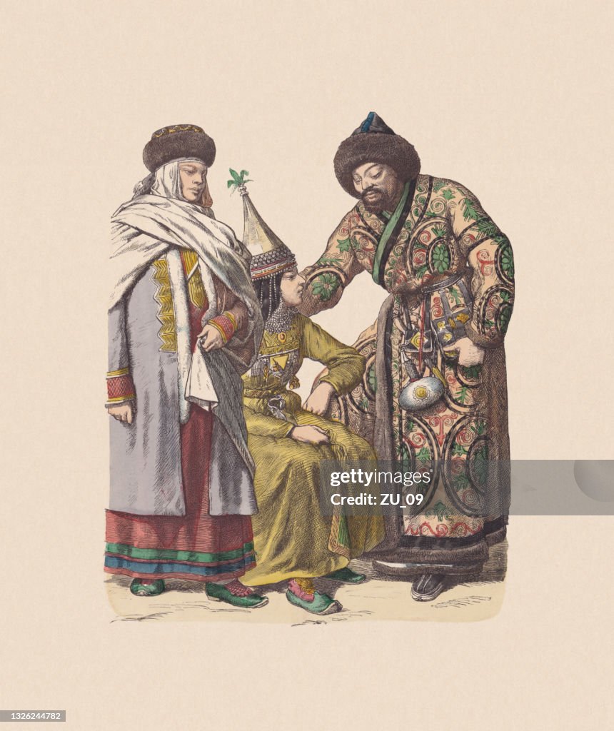 19th century, Asian costumes (Russia), hand-colored wood engraving, published c.1880
