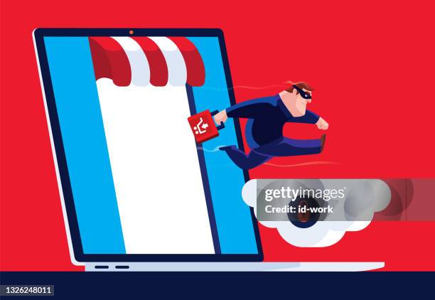 bildbanksillustrationer, clip art samt tecknat material och ikoner med scammer stealing data and leaving unsafe online store via laptop - stealing