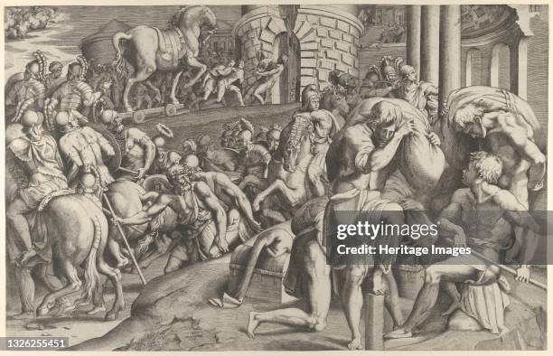 The Trojans hauling the wooden horse into Troy, 1545. Artist Giulio Bonasone.