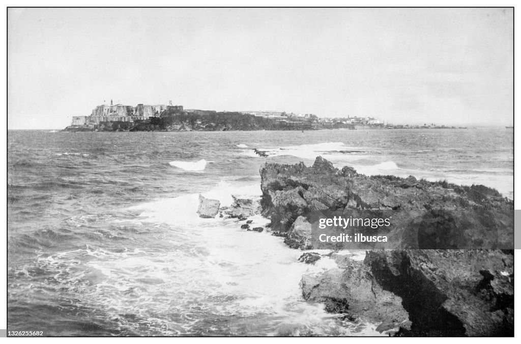 Antique black and white photograph: San Juan harbor, Puerto Rico