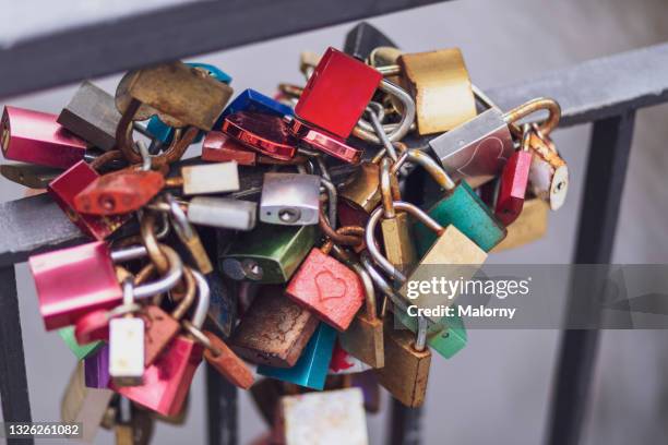 close-up of locks on bridge. weimar, germany. - weimar foto e immagini stock