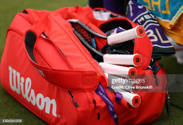 Detailed view of the Wilson racquet bag of Kei Nishikori of Japan seen at the side of the court in his Men's Singles First Round match against Alexei...