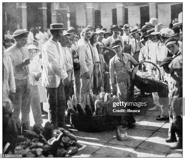 ilustraciones, imágenes clip art, dibujos animados e iconos de stock de fotografía antigua en blanco y negro: mercado de pan, san juan, puerto rico - old san juan