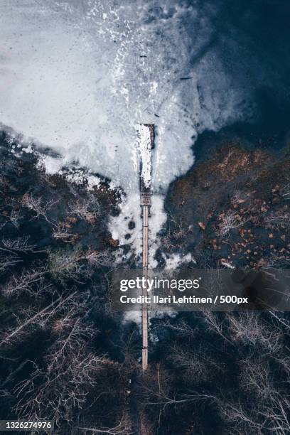 aerial view of road amidst trees during winter,lahti,finland - finland spring stock pictures, royalty-free photos & images