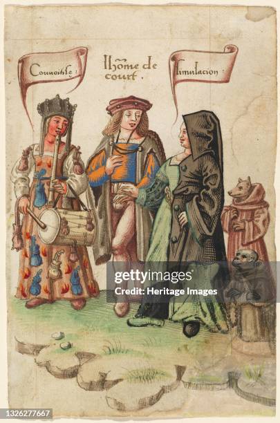 Courtier Standing Between Covetousness and Dissimulation [fol. 14 recto], 1512/1514. Artist Unknown.