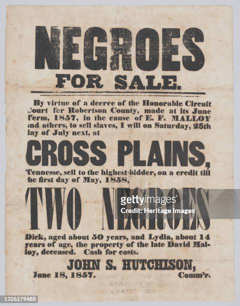 Broadside announcing the sale of an enslaved man named Dick and an enslaved girl named Lydia in Cross Plains, TN. The broadside is on yellowed paper...