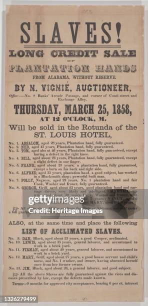 Single-sheet broadside with bold serif font typeface advertising an auction for the sale of eighteen slaves. The top of the broadside reads 'SLAVES!...