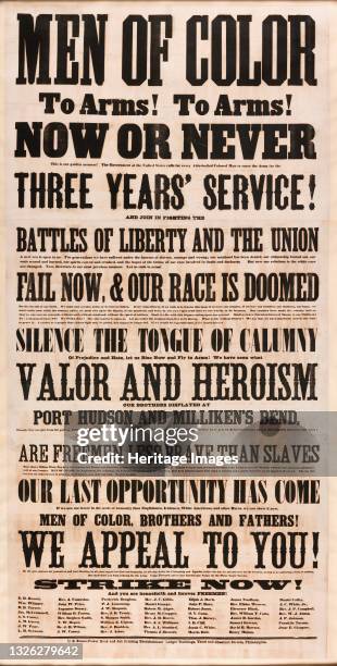 Large three-sheet broadside promoting 'Men of Color' to enlist in the Army; text printed in relief with carved wood type and cast letterpress/metal...