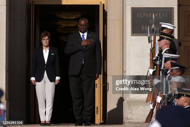 Secretary of Defense Lloyd Austin welcomes German Minister of Defense Annegret Kramp-Karrenbauer during an enhanced honor cordon ceremony at the...