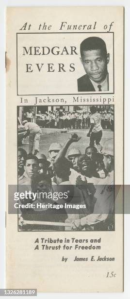 Pamphlet consisting of black print on off-white paper. At top, a small bust-length image of Medgar Wiley Evers . At center, an edited photograph...