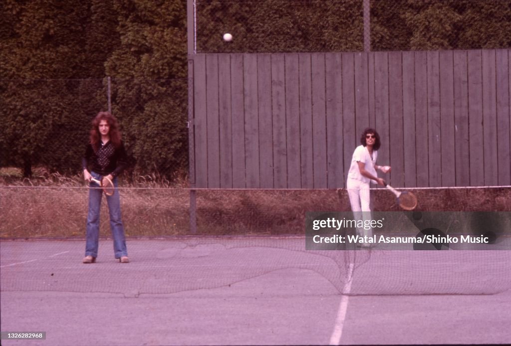 Queen Ridge Farm John Deacon and Freddie Mercury of Queen playing tennis at Ridge Farm ...
