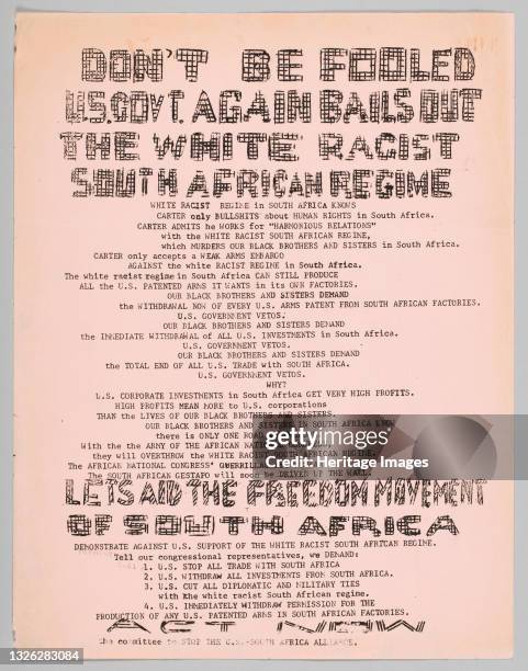 This flyer urges people to tell Congress to end trade with South Africa. The flyer is pink paper with black text. The block letters at the top and...