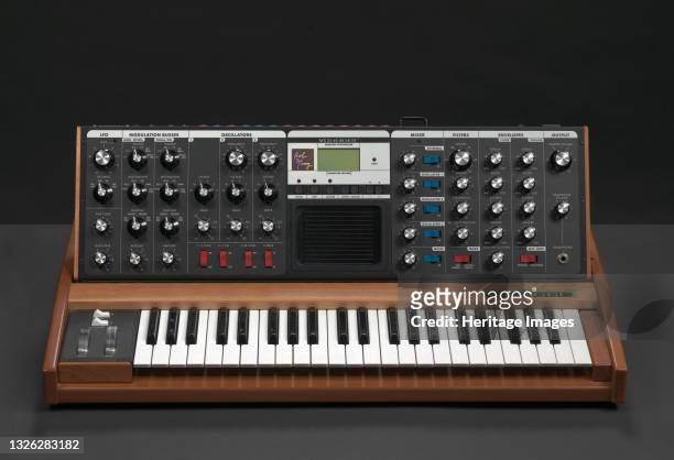 Minimoog Voyager, a monophonic analog synthesizer, owned by record producer and artist J Dilla. The synthesizer features a small keyboard set into a...