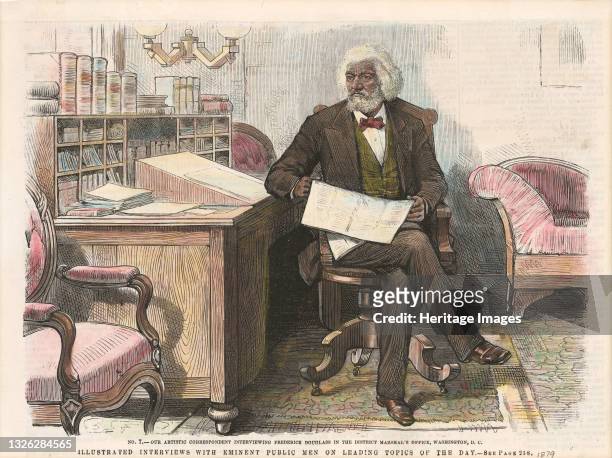 Lithographic print of African-American diplomat, abolitionist and writer Frederick Douglass who escaped from slavery in Maryland aged 21. He became a...