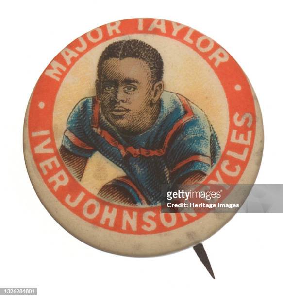 Circular pinback button featuring an image of a Marshall 'Major' Taylor dressed in a blue and red striped shirt. The image is at the center of the...