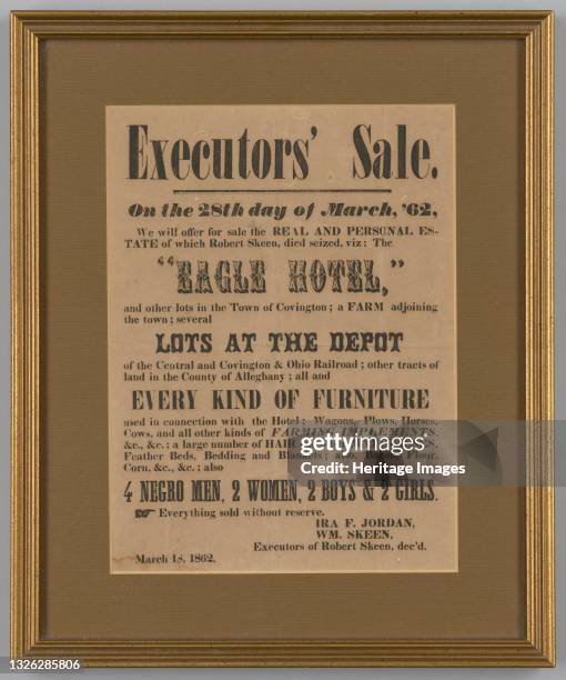 This broadside advertises the estate of recently deceased Robert Skeen, owner of the Eagle Hotel and a farmer in Covington, Virginia. The list of...