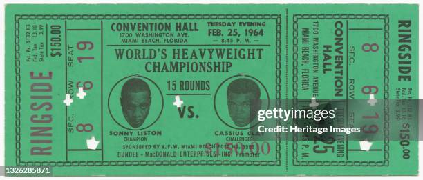 Green narrow ticket for the World Heavyweight Championship between African-American boxers Sonny Liston and Cassius Clay . Muhammad Ali, born Cassius...