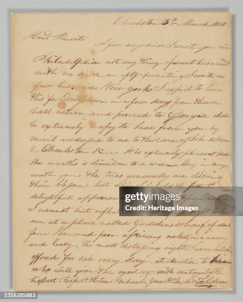 This letter was written from Charleston, South Carolina, on March 5 by David Selden to his parents in Chatham, Connecticut. Selden lists several...