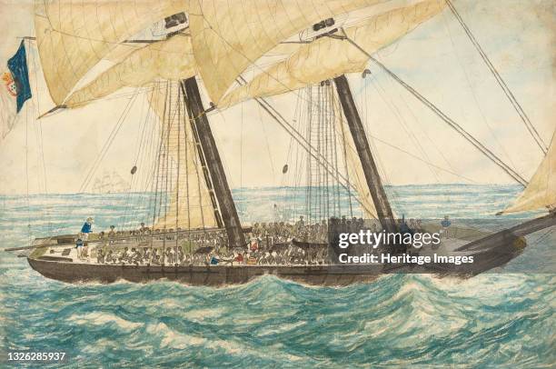 The Portuguese slaver Diligenté captured by H.M. Sloop Pearl with 600 slaves on board, taken in charge to Nassau, May 1838. The slave ship Diligente...