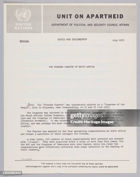 This special note from the United Nations' Unit on Apartheid details the Freedom Charter of South Africa. The booklet is four pages long. The title...