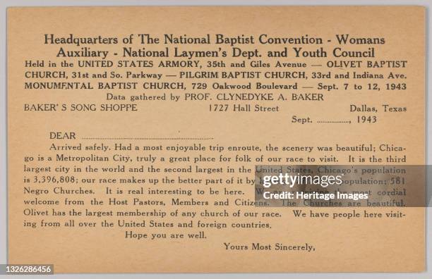 Form letter for the 1943 National Baptist Convention in Chicago. The card has black printed text on a tan background. The title in bold at the top...