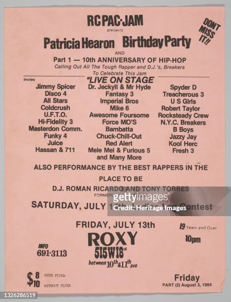 Flier for the Patricia Hearon Birthday Party and Part 1 - 10th Anniversary of Hip Hop designed by Van Silk. Artist Unknown.