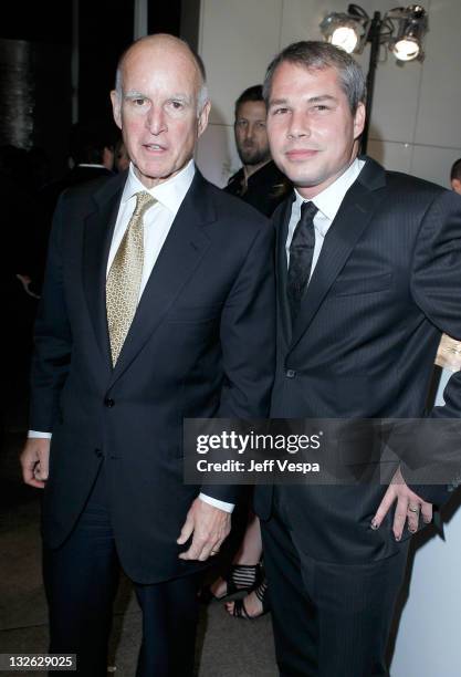 California Governor Jerry Brown and artist Shepard Fairey attend 2011 MOCA Gala, An Artist's Life Manifesto, Directed by Marina Abramovic at MOCA...