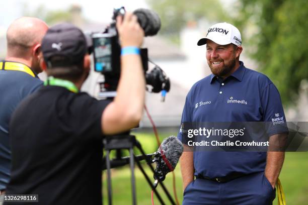 Shane Lowry of Ireland chats to media during a practice day prior to The Dubai Duty Free Irish Open at Mount Juliet Golf Club on June 30, 2021 in...