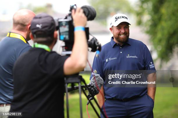 Shane Lowry of Ireland chats to media during a practice day prior to The Dubai Duty Free Irish Open at Mount Juliet Golf Club on June 30, 2021 in...