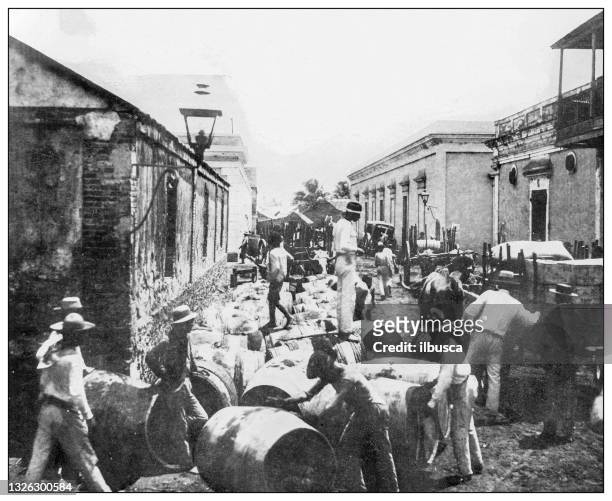 antique black and white photograph: exporting rum and molasses to spain, puerto rico - rum stock illustrations