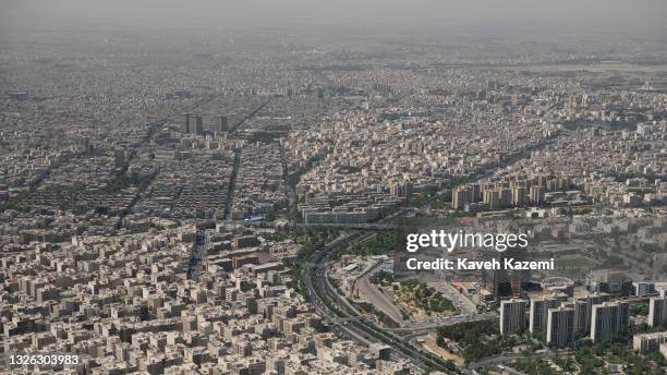 An elevated view of city skyline seen from one of the upper decks of Milad Tower on June 20, 2021 in Tehran, Iran.