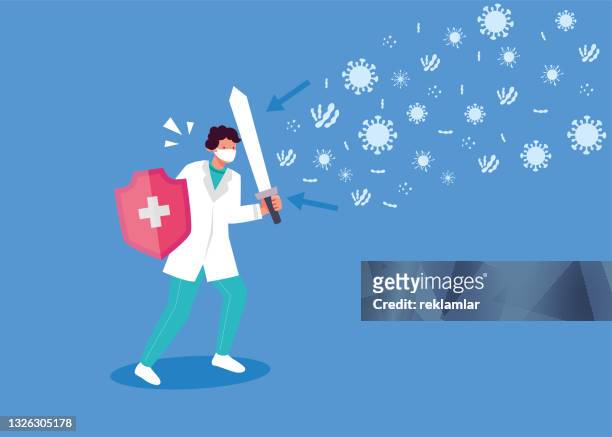superhero doctor fighting against coronavirus with armor and sword in hand. male hero doctor with protective gloves and masks. protection against coronavirus concept. vector illustration. - revolutionary war stock illustrations