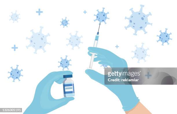 stockillustraties, clipart, cartoons en iconen met covid-19 corona virus vaccine with vaccine bottle and syringe injection tool for covid-19 vaccine treatment. the doctor wearing medical gloves is holding the vaccine in his hands. coronavirus vaccine vector background. - infectious disease