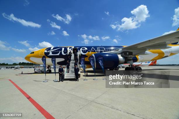 An external view of Luke Air's Airbus A330-200 during its presentation at Malpensa Airport of on June 29, 2021 in Milan, Italy. Luke Air new brand of...