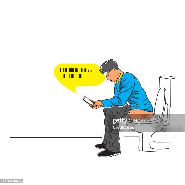 man sitting on the toilet and using  mobile phone for a long time. - urine vector stock illustrations