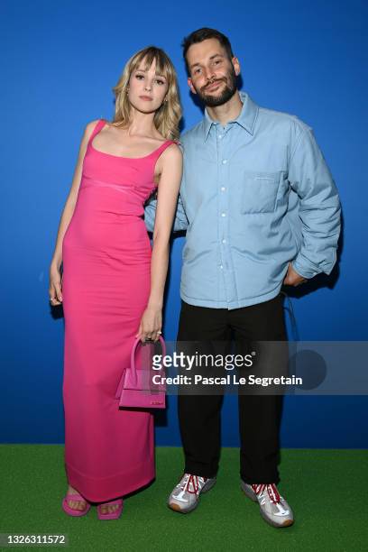 Angele and Simon Porte Jacquemus attend the photocall after the Jacquemus "La Montagne" show at La Cite Du Cinema on June 30, 2021 in Saint-Denis,...