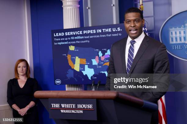 Environmental Protection Administrator Michael Regan and White House press secretary Jen Psaki speak during the daily press briefing June 30, 2021 in...