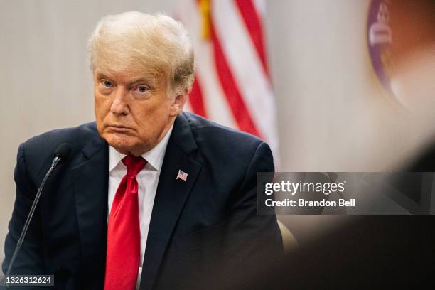 Former President Donald Trump attends a border security briefing to discuss further plans in securing the southern border wall on June 30, 2021 in...