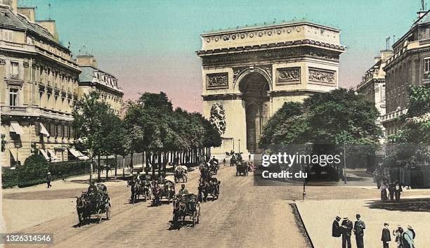 paris, avenue du bois de boulogne and arc de triomphe - geschichtlich stock-grafiken, -clipart, -cartoons und -symbole