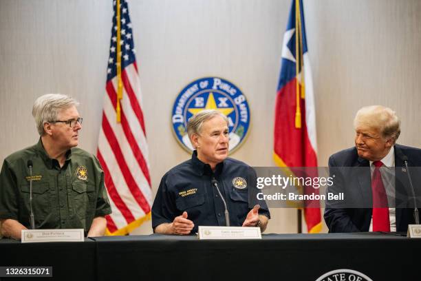 Texas Lieutenant Gov. Dan Patrick, Gov. Greg Abbott, and former President Donald Trump attend a border security briefing to discuss further plans in...