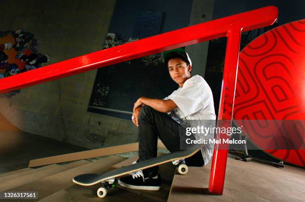 Skateboarder Nyjah Huston is photographed for Los Angeles Times on August 12, 2011 at Rob Dyrdek's Fantasy Factory in Los Angeles, California....