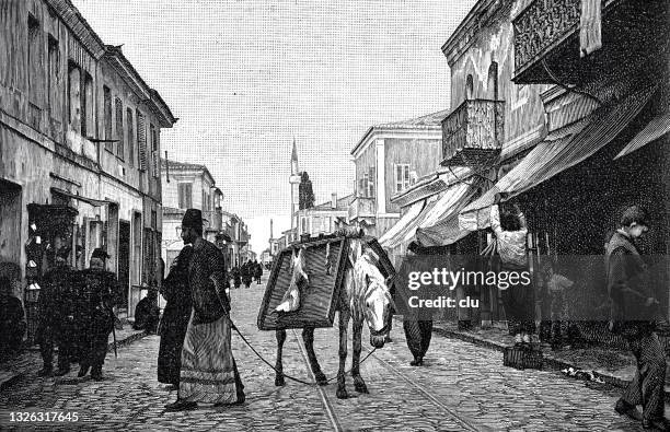 street in salonika, meat dealer - ottoman empire stock illustrations