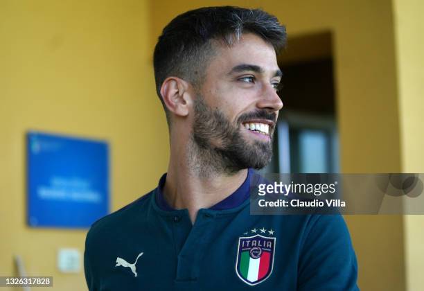 Leonardo Spinazzola of Italy looks on before an Italy training session at Centro Tecnico Federale di Coverciano on June 30, 2021 in Florence, Italy.