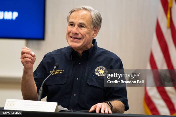 Texas Gov. Greg Abbott speaks during a border security briefing on June 30, 2021 in Weslaco, Texas. Gov. Abbott has pledged to build a state-funded...