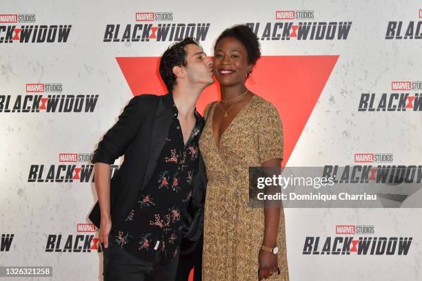 Kevin Elarbi and Jessy Ugolin attend the ��“Black Widow” Paris Gala Screening at cinema Le Grand Rex on June 30, 2021 in Paris, France.